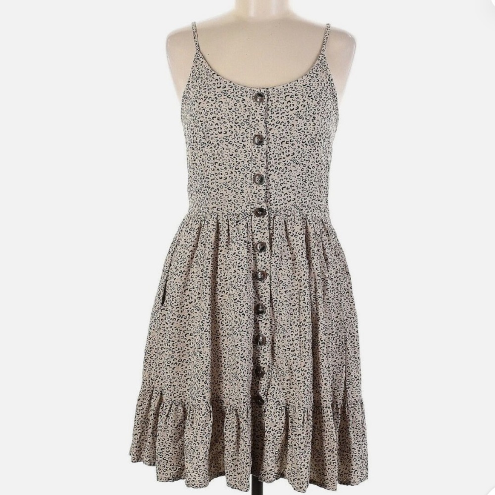 Japna Spaghetti strap tan black cheetah print Button Down tiered Dress M EUC
